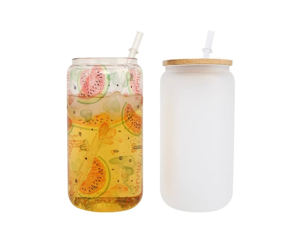 Frosted Glass Tumbler  Hand Crafted Beverage Glass with Lid and Straw –  Shop Suey Boutique